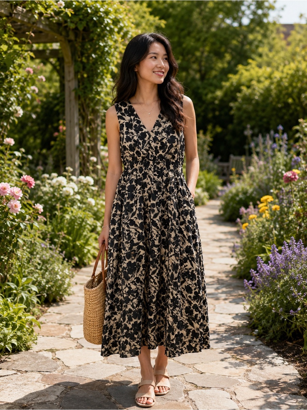 J. Crew Black Floral V-Neck Maxi Dress On Beige Ground